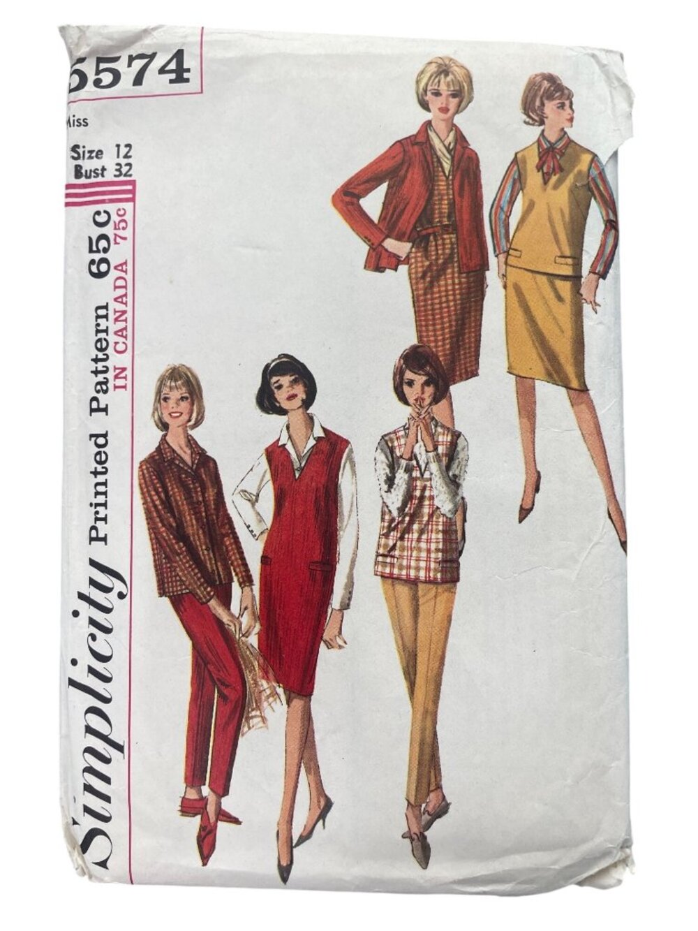 Vintage 60s Simplicity 5574 Sewing Pattern Size 12 Blouse Jumper Skirt Pants CUT